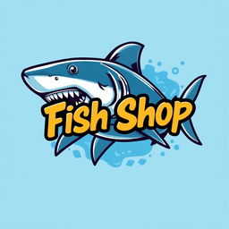 A vibrant and eye-catching logo for a fish shop, featuring a detailed illustration of a fierce shark