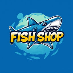 A vibrant and eye-catching logo for a fish shop, featuring a detailed illustration of a fierce shark