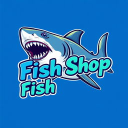 A vibrant and eye-catching logo for a fish shop, featuring a detailed illustration of a fierce shark