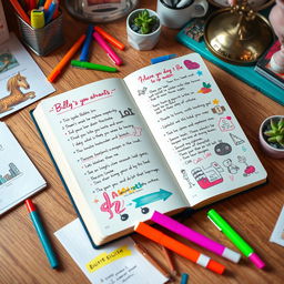 A creative and artistic interpretation of a notebook filled with colorful notes, doodles, and lyrics inspired by Billie Eilish