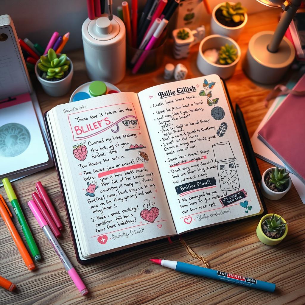 A creative and artistic interpretation of a notebook filled with colorful notes, doodles, and lyrics inspired by Billie Eilish