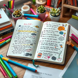 A creative and artistic interpretation of a notebook filled with colorful notes, doodles, and lyrics inspired by Billie Eilish
