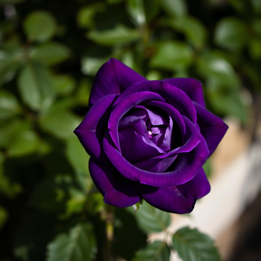 A stunning, vivid violet rose in full bloom, showcasing intricate petals with a rich, deep hue