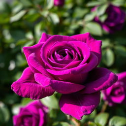 A stunning, vivid violet rose in full bloom, showcasing intricate petals with a rich, deep hue