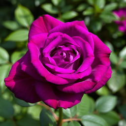 A stunning, vivid violet rose in full bloom, showcasing intricate petals with a rich, deep hue