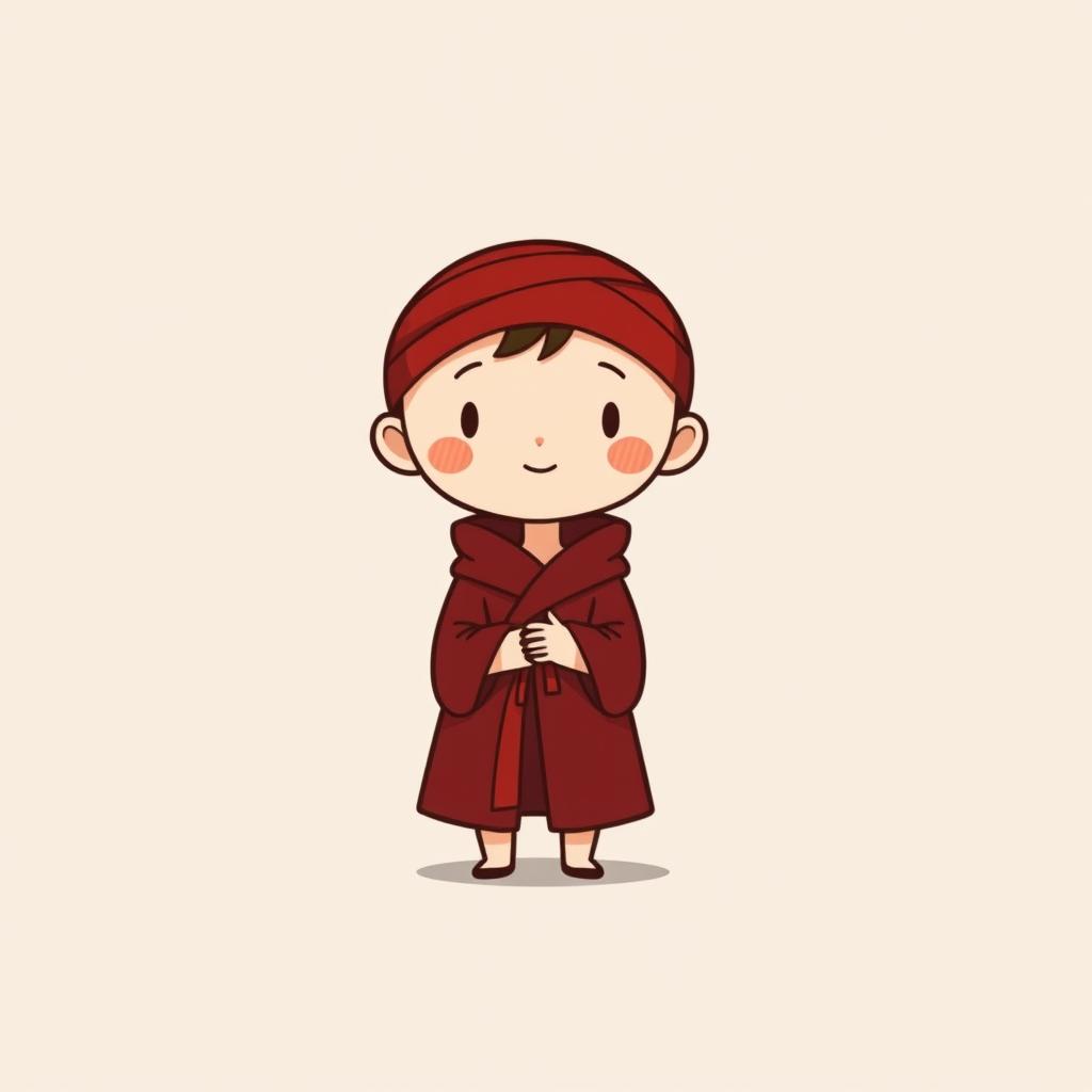 A small character wearing a red headband and a robe, with very few details, giving a minimalist appearance