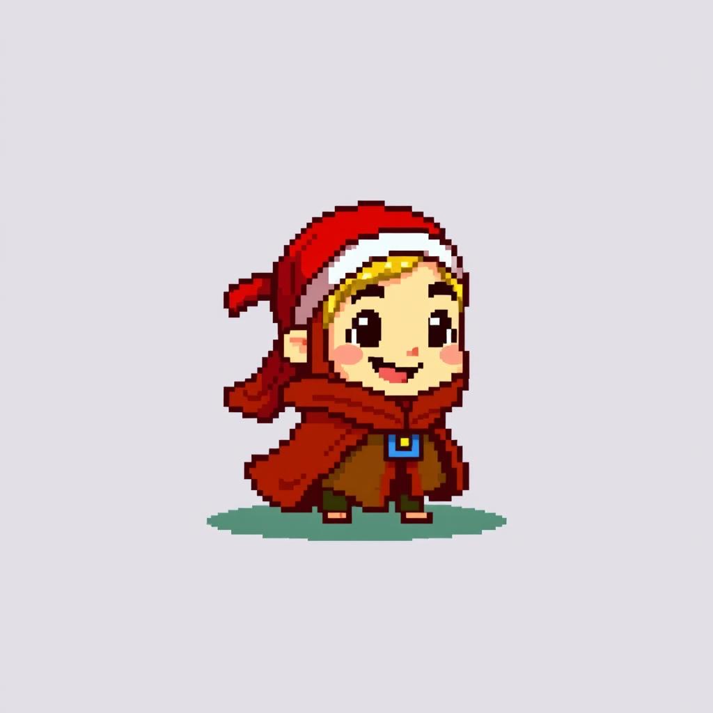 A small character with a red headband and a flowing cloak, designed in vibrant pixel art style