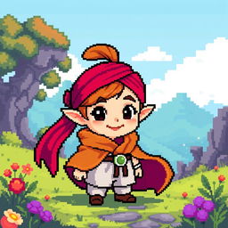 A small character with a red headband and a flowing cloak, designed in vibrant pixel art style