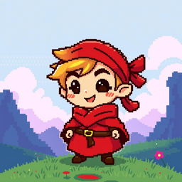 A small character with a red headband and a flowing cloak, designed in vibrant pixel art style