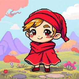 A small character with a red headband and a flowing cloak, designed in vibrant pixel art style