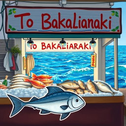 A charming and inviting fish shop named 'To Bakaliaraki', featuring a beautifully hand-painted sign with vibrant colors