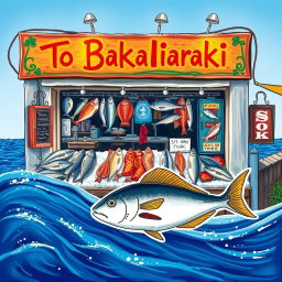 A charming and inviting fish shop named 'To Bakaliaraki', featuring a beautifully hand-painted sign with vibrant colors