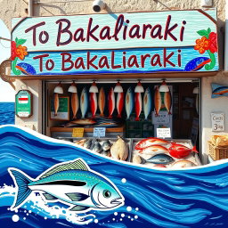 A charming and inviting fish shop named 'To Bakaliaraki', featuring a beautifully hand-painted sign with vibrant colors