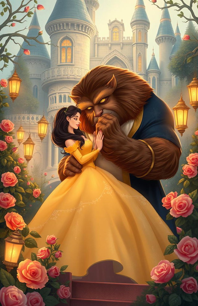 A whimsical and enchanting illustration inspired by "Beauty and the Beast