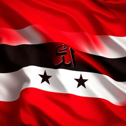 A depiction of the new flag of Syria with its bold colors of red, white, and black, featuring a stylized rendition of the Tawheed (Monotheism) symbol prominently displayed in the center, without any stars