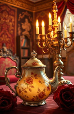 An enchanting scene inspired by 'Beauty and the Beast', featuring a beautifully ornate teapot and an elegant candelabrum in a richly decorated room