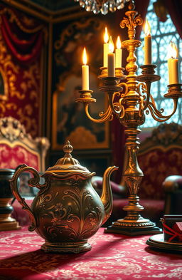 An enchanting scene inspired by 'Beauty and the Beast', featuring a beautifully ornate teapot and an elegant candelabrum in a richly decorated room