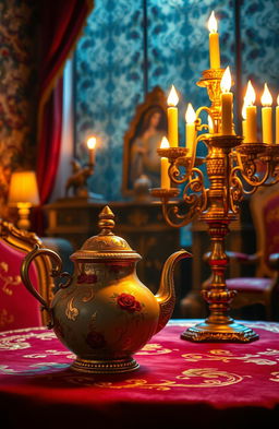 An enchanting scene inspired by 'Beauty and the Beast', featuring a beautifully ornate teapot and an elegant candelabrum in a richly decorated room