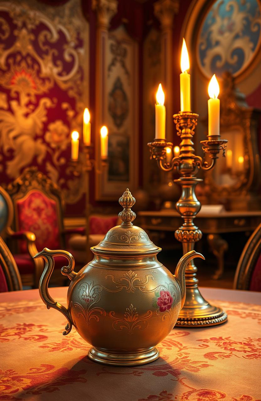 An enchanting scene inspired by 'Beauty and the Beast', featuring a beautifully ornate teapot and an elegant candelabrum in a richly decorated room