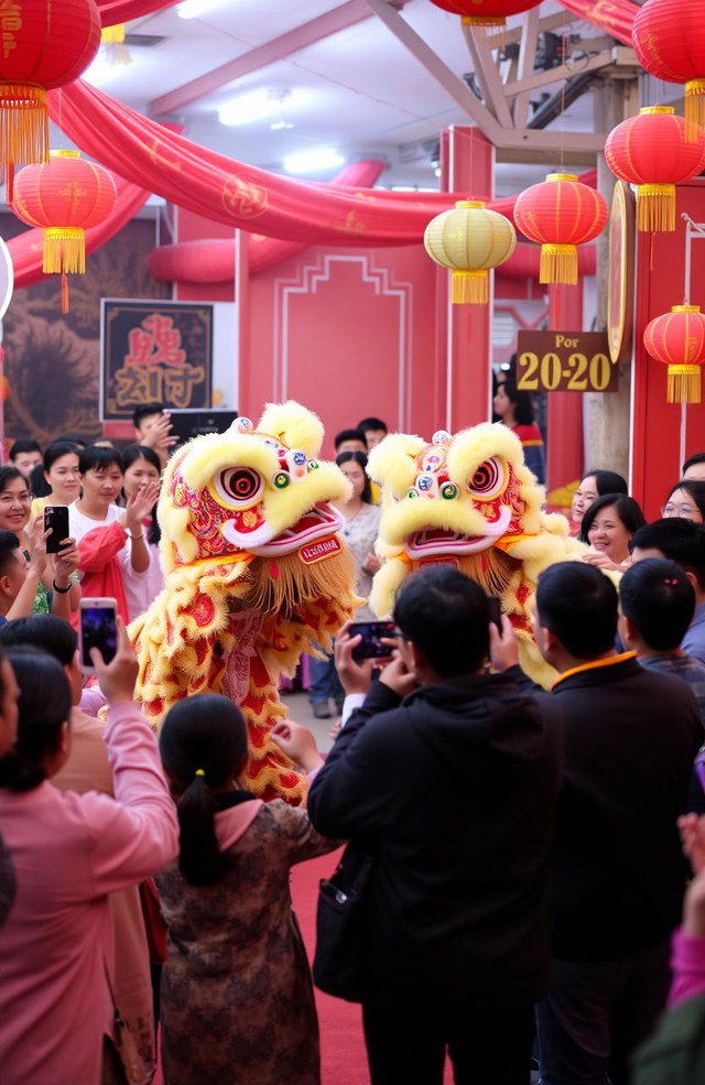 A vibrant celebration of Imlek, featuring a lion dance (Barongsai) performance in a festive setting