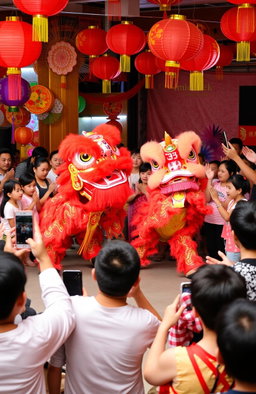 A vibrant celebration of Imlek, featuring a lion dance (Barongsai) performance in a festive setting