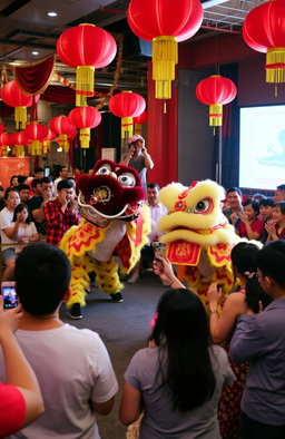 A vibrant celebration of Imlek, featuring a lion dance (Barongsai) performance in a festive setting