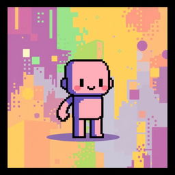 A small, faceless character with minimal details, featuring a short arm, depicted in pixel art style