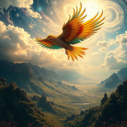 A breathtaking scene depicting the ascension of a mystical Simorgh, a legendary bird from Persian mythology
