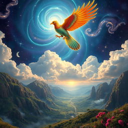 A breathtaking scene depicting the ascension of a mystical Simorgh, a legendary bird from Persian mythology
