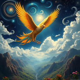A breathtaking scene depicting the ascension of a mystical Simorgh, a legendary bird from Persian mythology