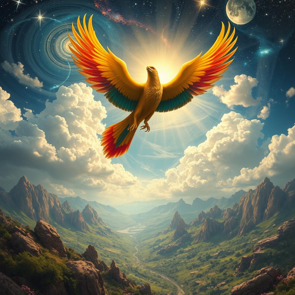 A breathtaking scene depicting the ascension of a mystical Simorgh, a legendary bird from Persian mythology