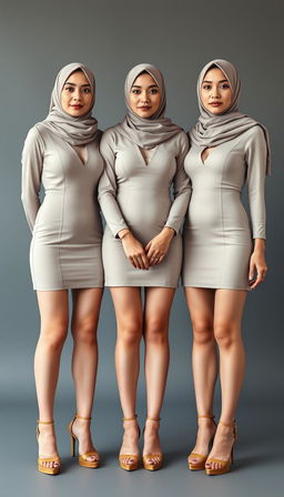 Three MILF teachers, each 40 years old, with white skin and perfect bodies, standing together in high platform tied heels