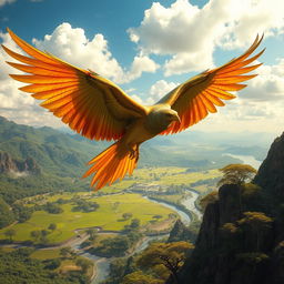 A majestic Simorgh bird soaring high above a mystical landscape, showcasing its vibrant, iridescent plumage in shades of gold, red, and green