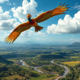 A majestic Simorgh bird soaring high above a mystical landscape, showcasing its vibrant, iridescent plumage in shades of gold, red, and green
