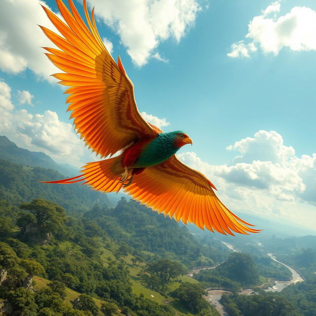 A majestic Simorgh bird soaring high above a mystical landscape, showcasing its vibrant, iridescent plumage in shades of gold, red, and green