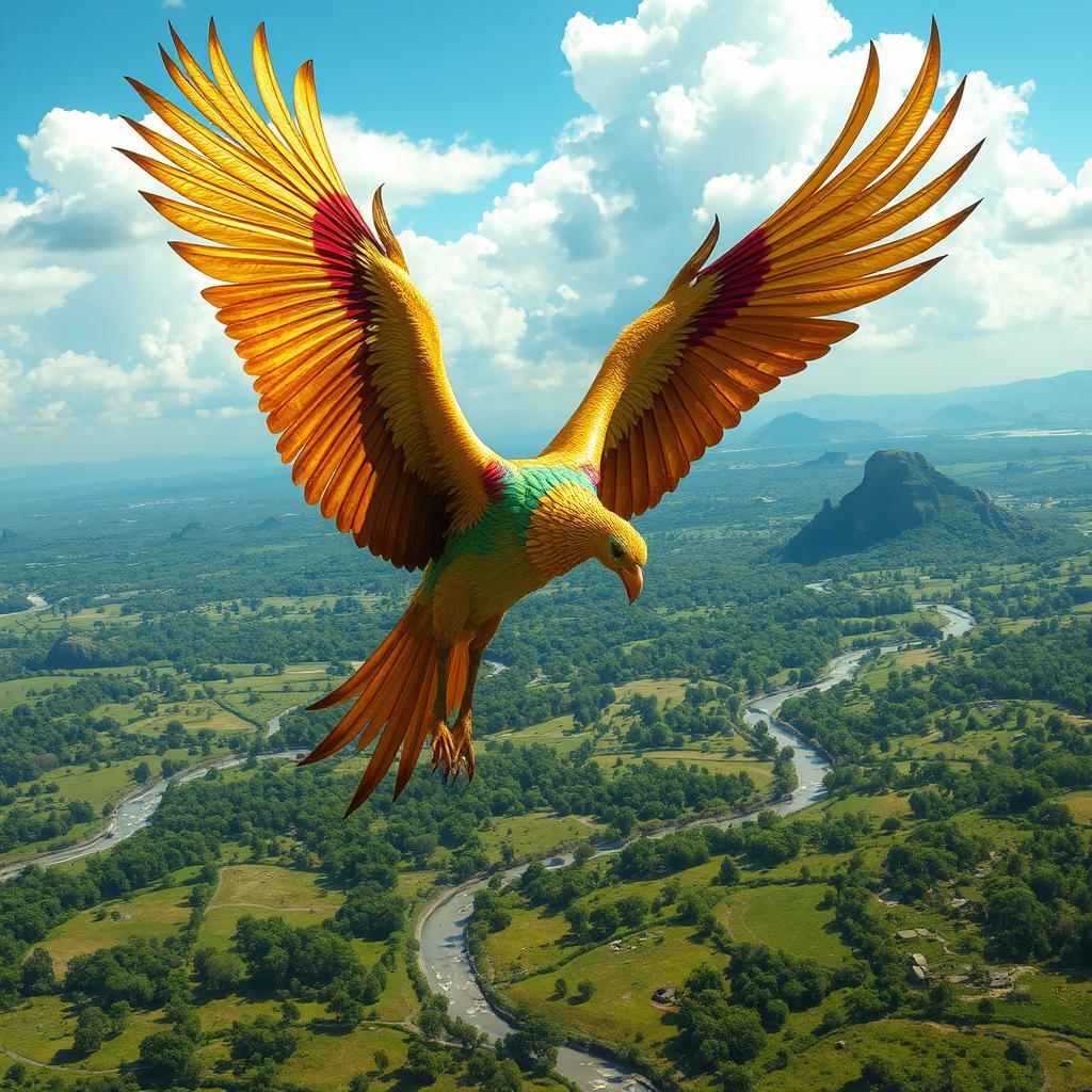 A majestic Simorgh bird soaring high above a mystical landscape, showcasing its vibrant, iridescent plumage in shades of gold, red, and green