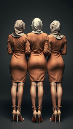Three MILF teachers, each 40 years old, with white skin and perfect bodies, standing together in high platform tied heels
