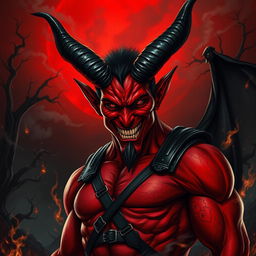 A striking, fearsome depiction of the devil, portrayed as a tall, muscular figure with crimson skin and large, curling black horns