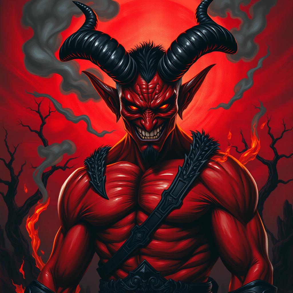 A striking, fearsome depiction of the devil, portrayed as a tall, muscular figure with crimson skin and large, curling black horns