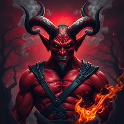 A striking, fearsome depiction of the devil, portrayed as a tall, muscular figure with crimson skin and large, curling black horns