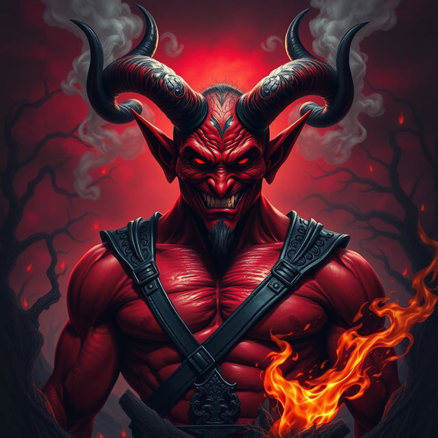 A striking, fearsome depiction of the devil, portrayed as a tall, muscular figure with crimson skin and large, curling black horns