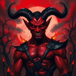 A striking, fearsome depiction of the devil, portrayed as a tall, muscular figure with crimson skin and large, curling black horns