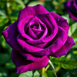 A stunning, vibrant deep violet rose in full bloom, showcasing its intricate petals with rich textures and gradients of purple