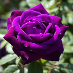 A stunning, vibrant deep violet rose in full bloom, showcasing its intricate petals with rich textures and gradients of purple
