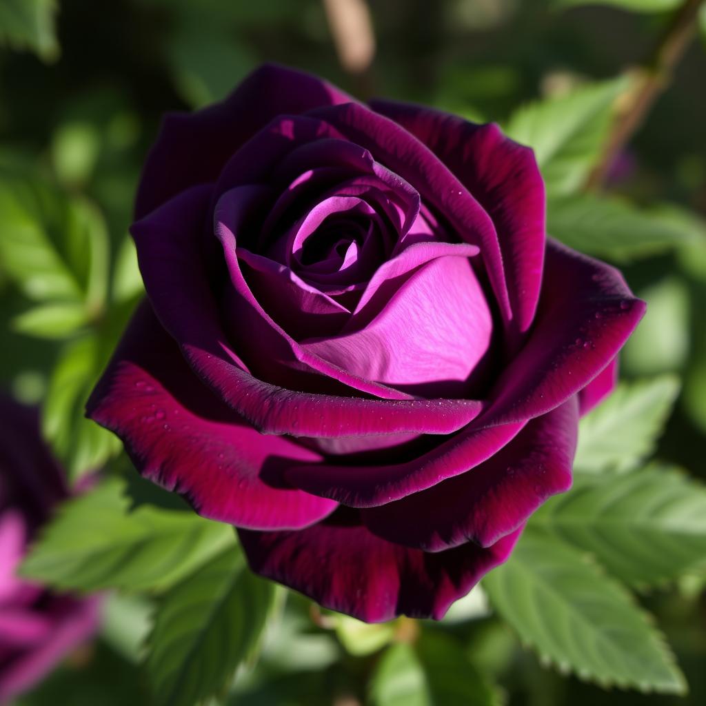 A stunning, vibrant deep violet rose in full bloom, showcasing its intricate petals with rich textures and gradients of purple