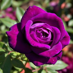 A stunning, vibrant deep violet rose in full bloom, showcasing its intricate petals with rich textures and gradients of purple