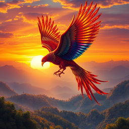 An epic depiction of the mythical Simurgh bird soaring majestically into the sky during its ascension