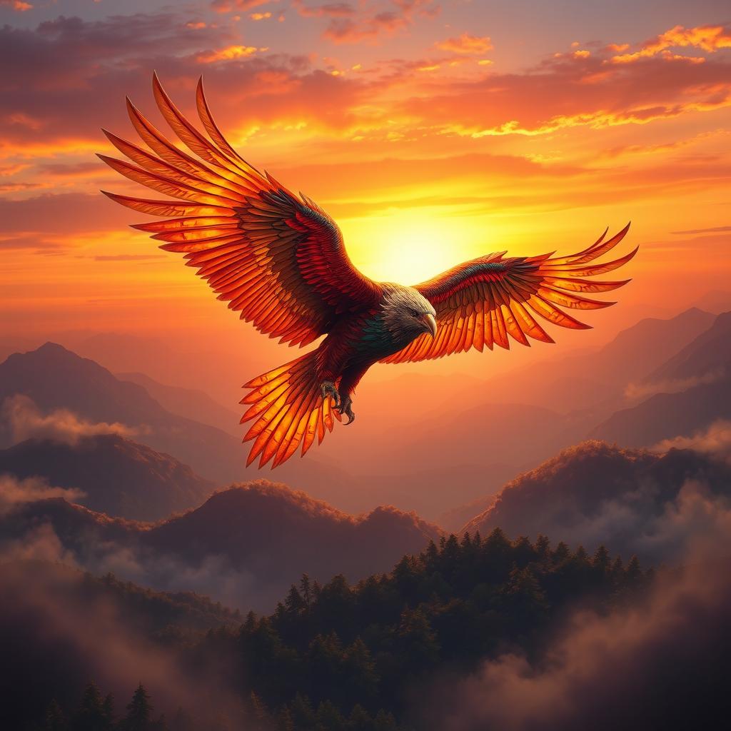 An epic depiction of the mythical Simurgh bird soaring majestically into the sky during its ascension