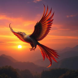 An epic depiction of the mythical Simurgh bird soaring majestically into the sky during its ascension
