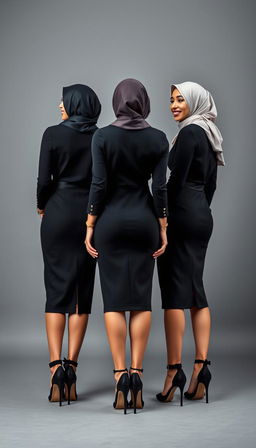Three MILF businesswomen, each 40 years old, with white skin and perfect bodies, standing confidently in high platform tied heels